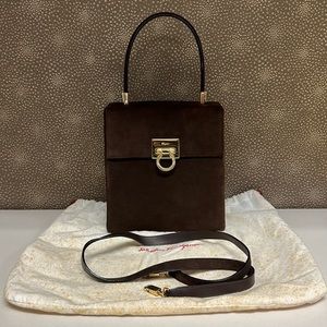 🔥🔥🔥Salvatore Ferragamo Iconic Gancini Top-Handle Brown Suede Bag